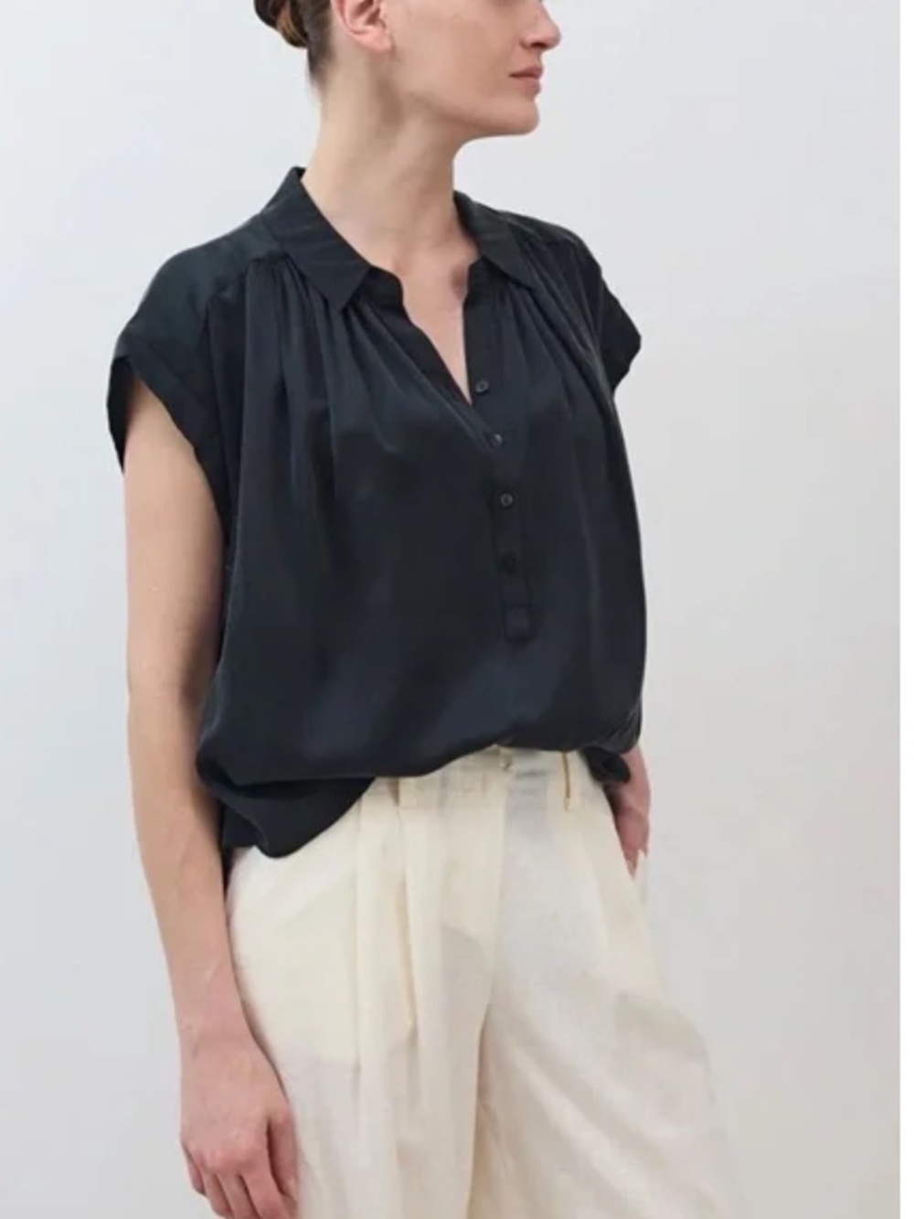 NWT Turi Oversized Relaxed Fit Black Cap Sleeve Button Front Blouse Large / XL